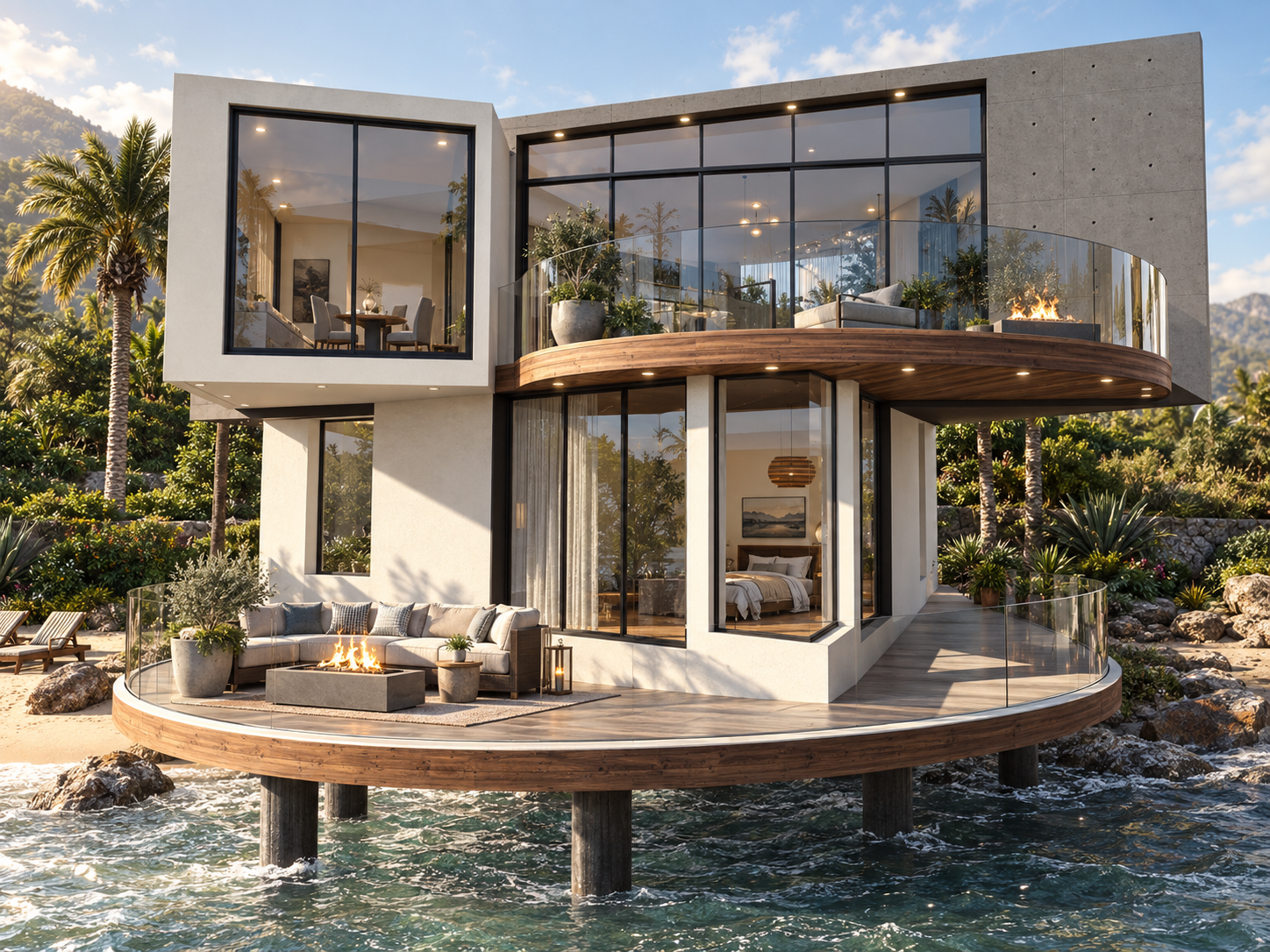 The deck standing over the water at Pacific Coast Hwy Residence, shown as a design visualization