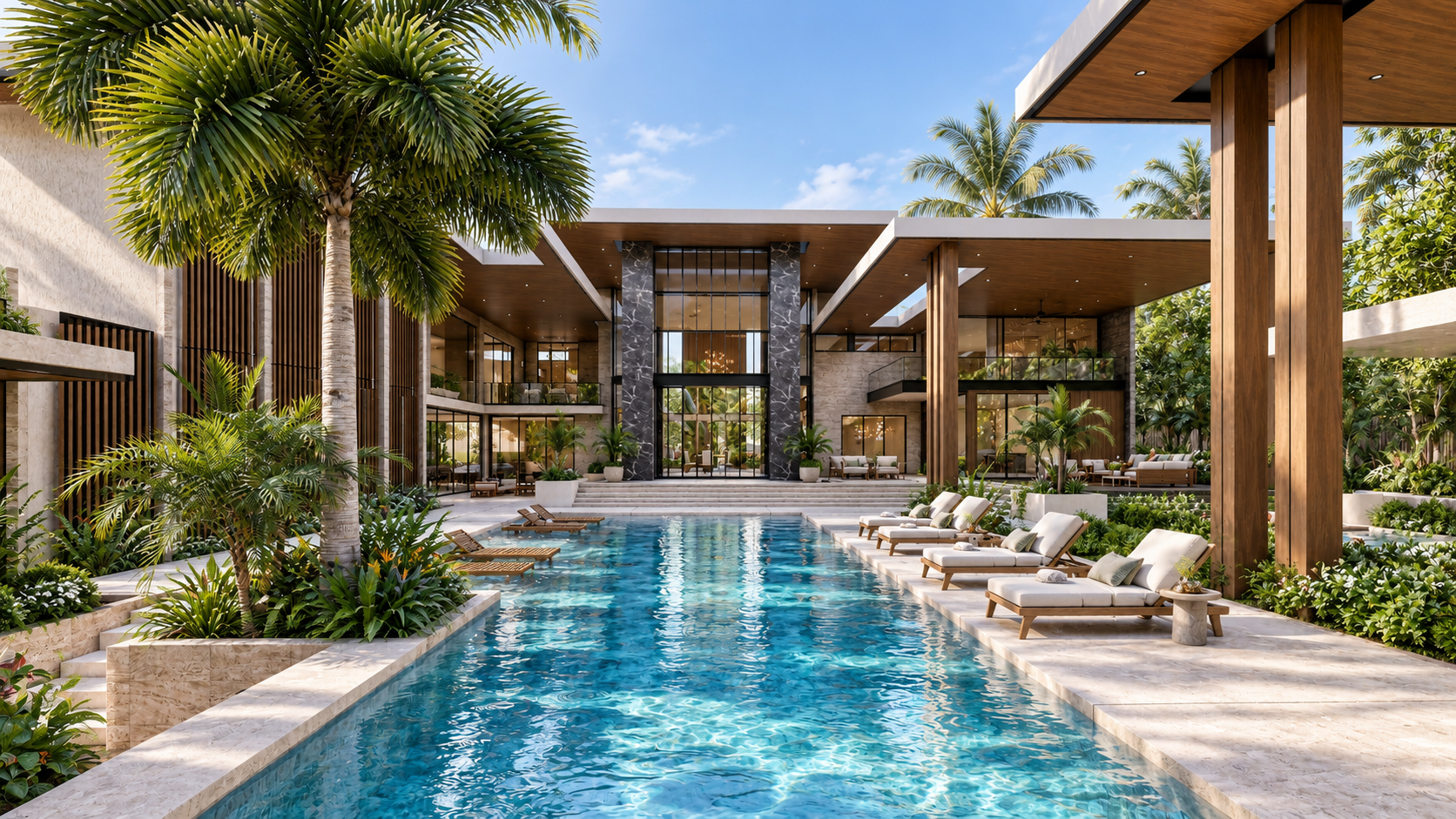 Pool court between the pavilions at House Three, shown as a design visualization