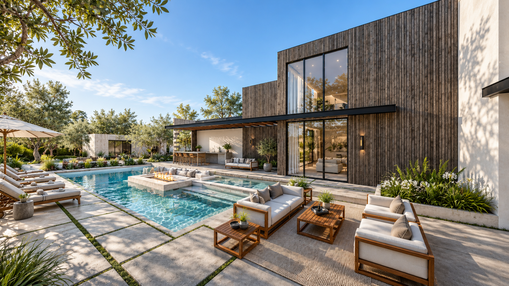 Living pavilion and pool at House One, shown as a design visualization