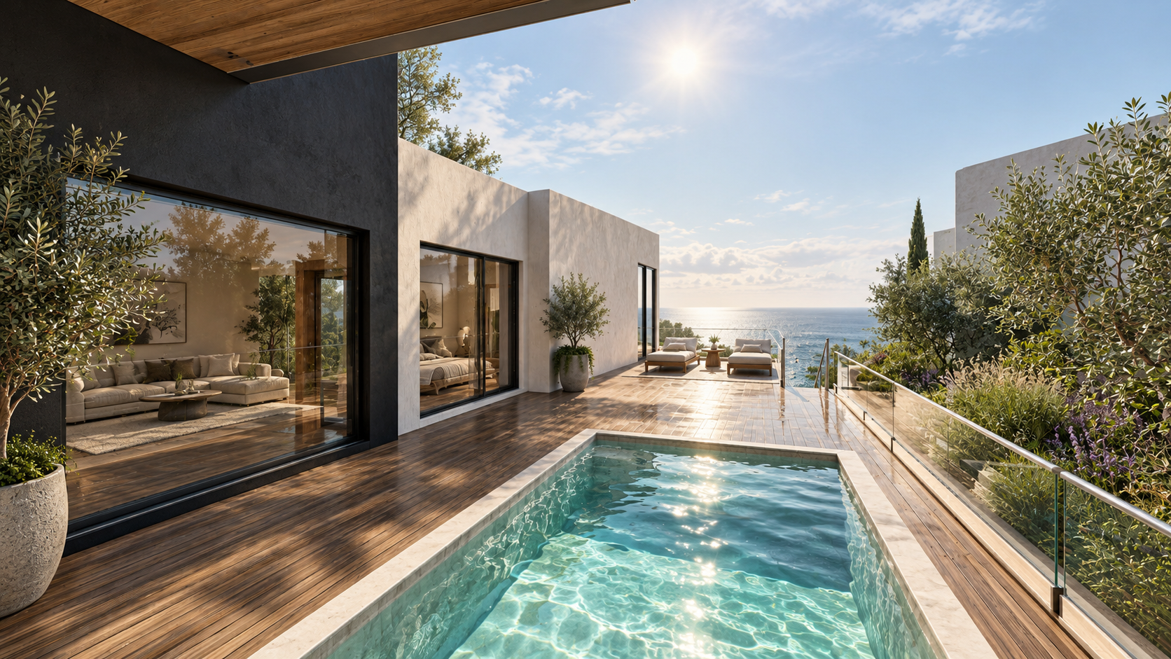 Pool terrace at Beachfront Residence, open to the water, shown as a design visualization