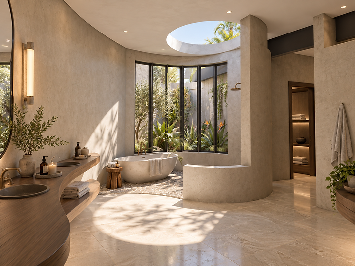 A stone tub under an oval skylight beside a garden window, at Sycamore Meadows in Malibu, by Apel Design, shown as a design visualization