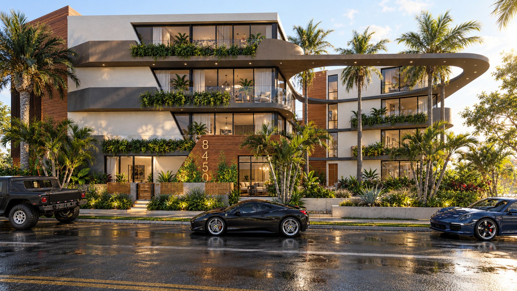 Fountain Curve, a proposed multifamily building in West Hollywood by Apel Design, with its sweeping curved balcony, shown as a design visualization