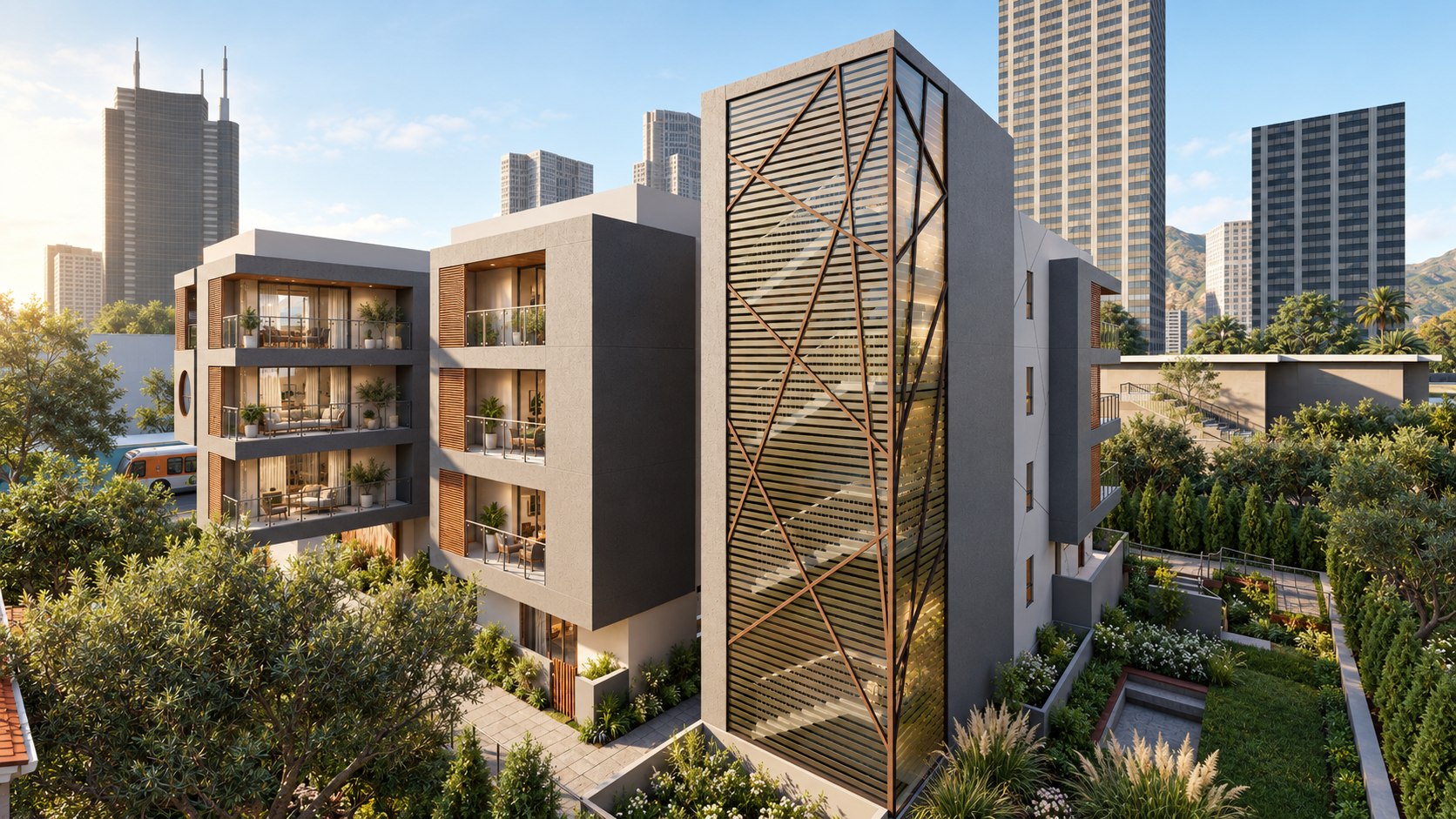 The stair tower wrapped in slats and a weathered steel lattice at San Vicente Residences, shown as a design visualization