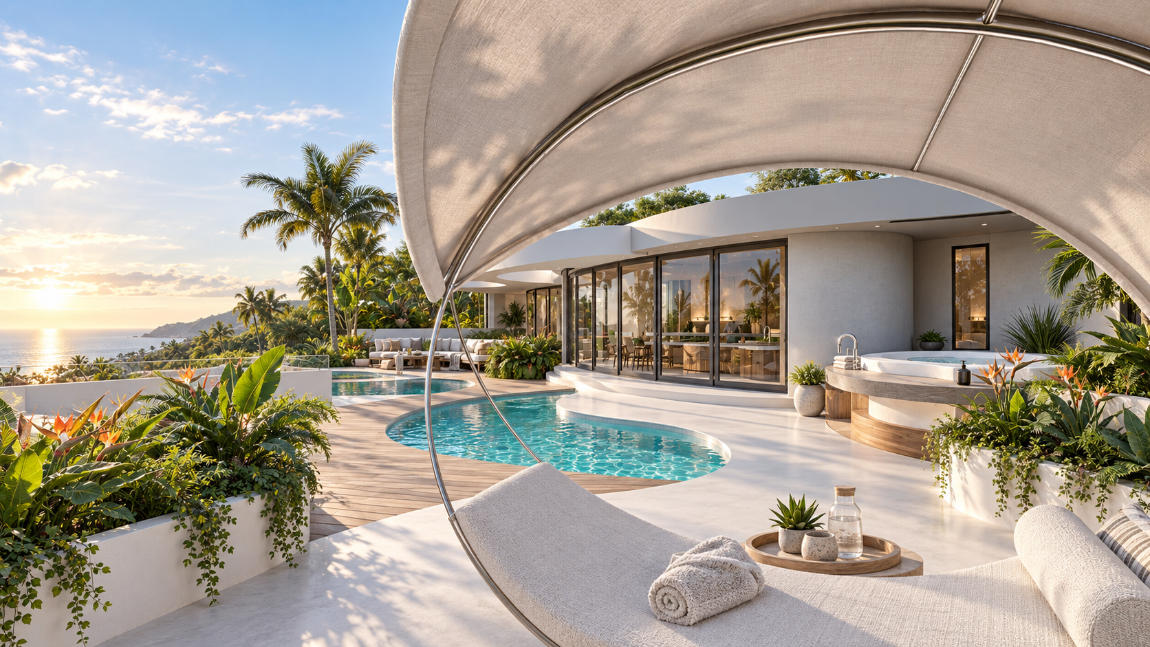 A canopied daybed beside the pool and spa at Sycamore Meadows, shown as a design visualization