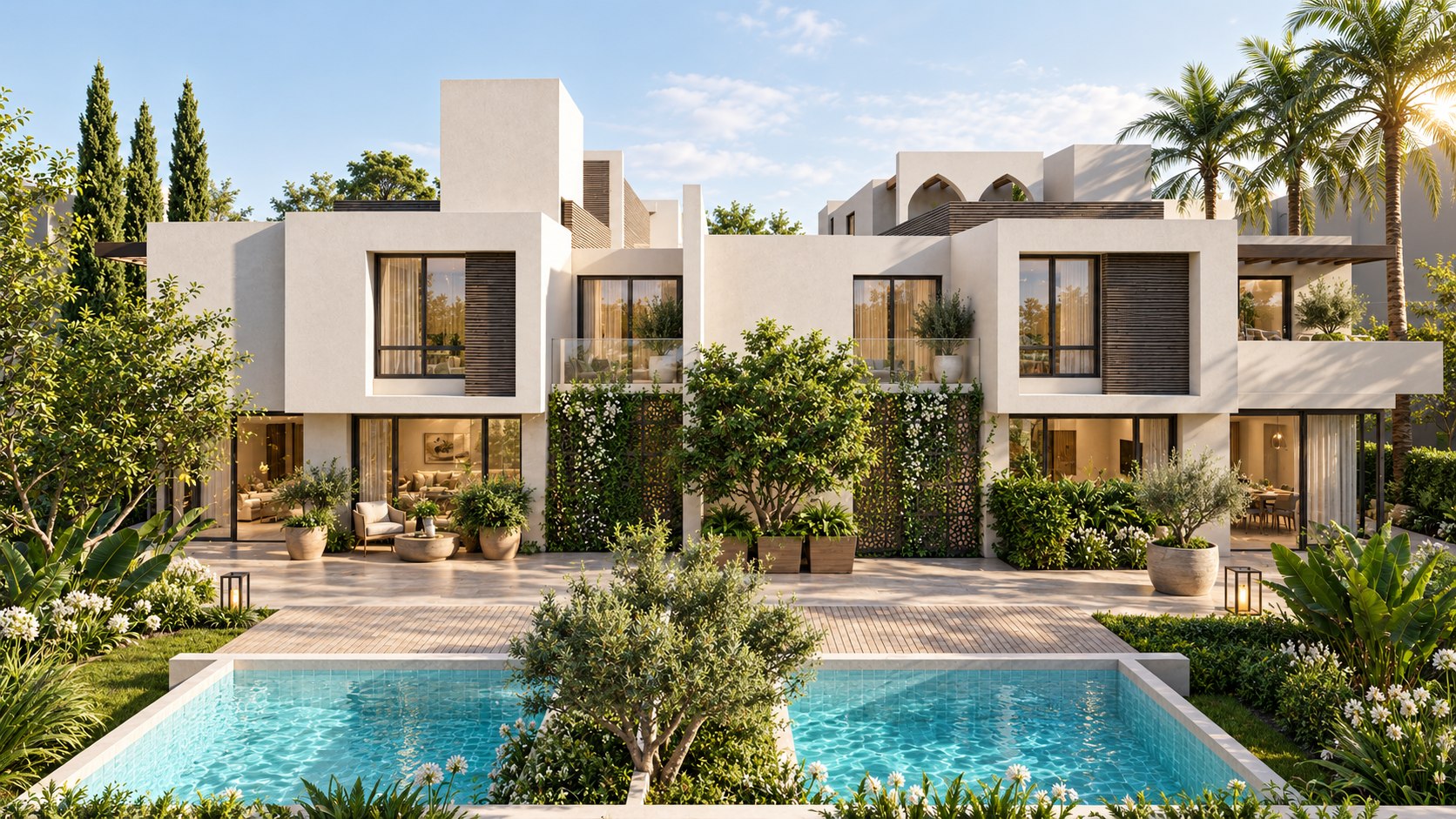 The garden with twin pools at West Knoll Garden in West Hollywood, by Apel Design, shown as a design visualization