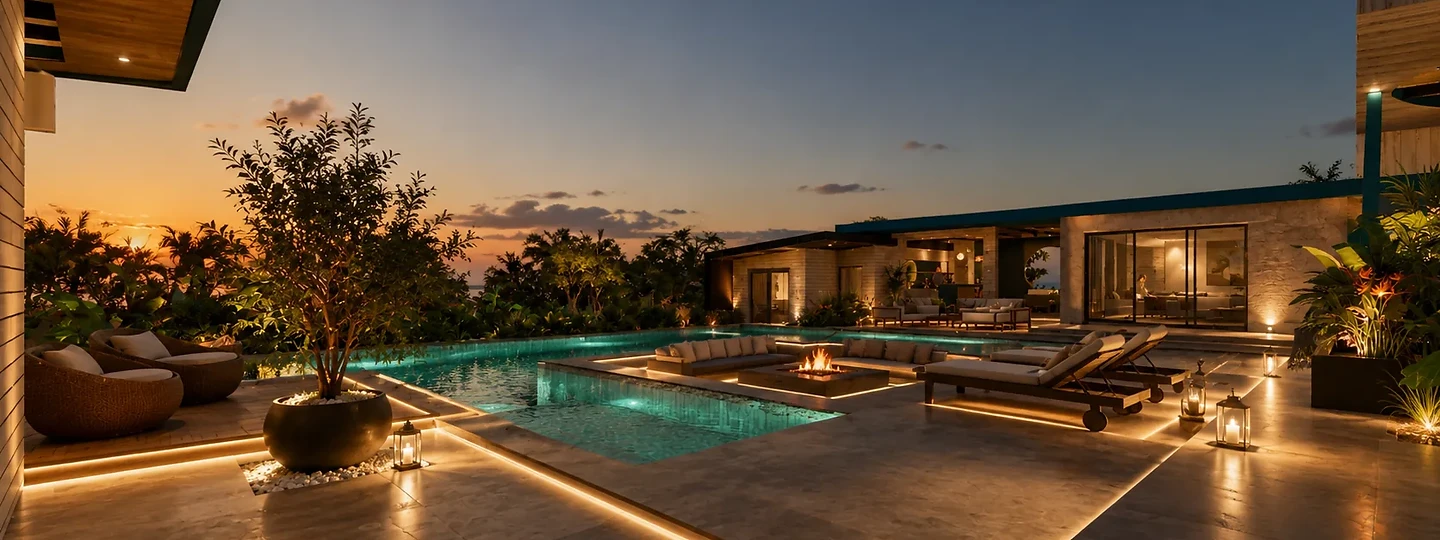 Covered outdoor living room with coordinated hardscape