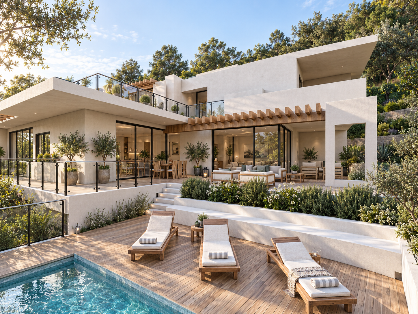 The pool deck and the main terrace under timber pergolas at Foxview, shown as a design visualization