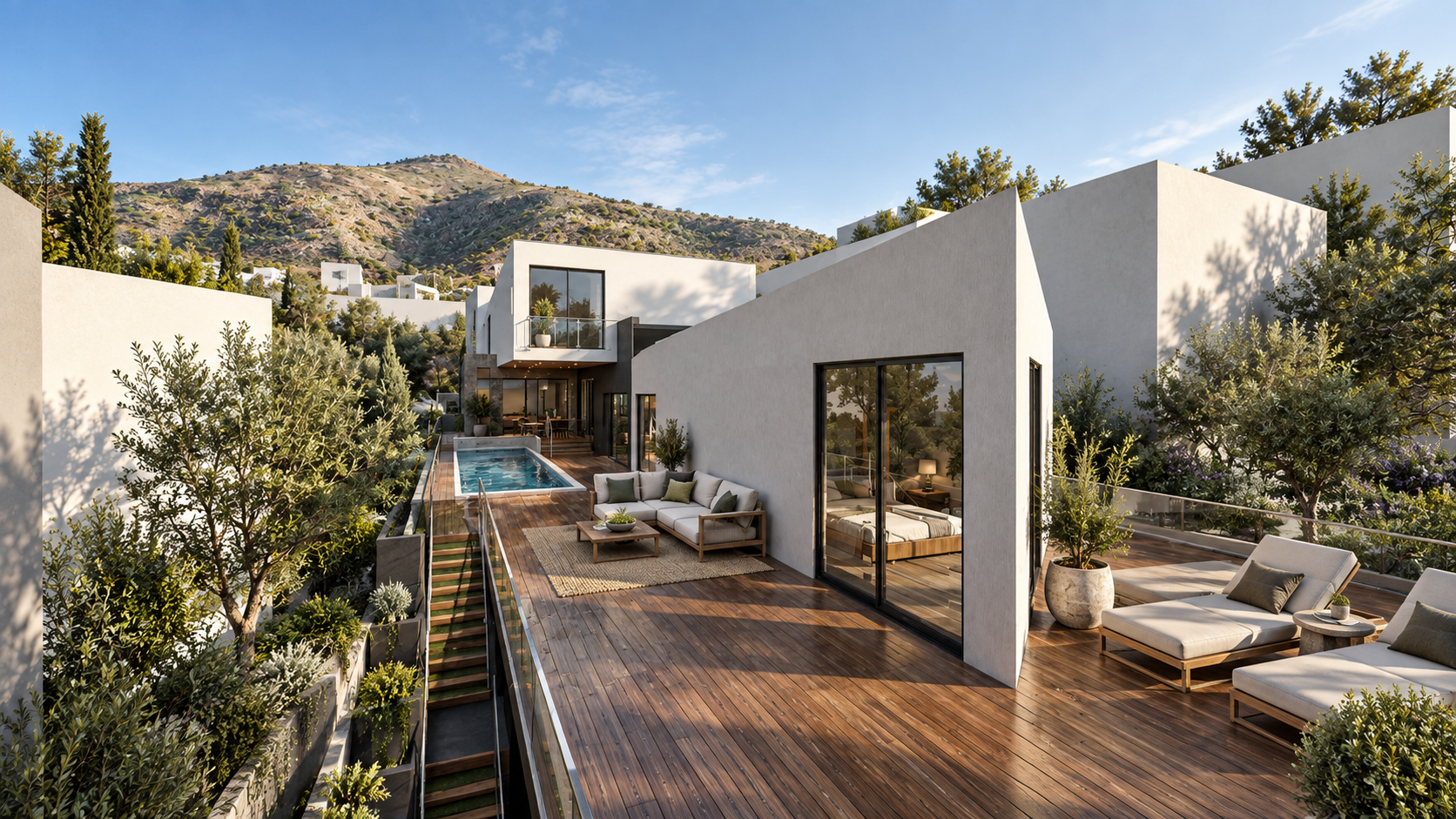Upper terrace and lap pool at Beachfront Residence, shown as a design visualization