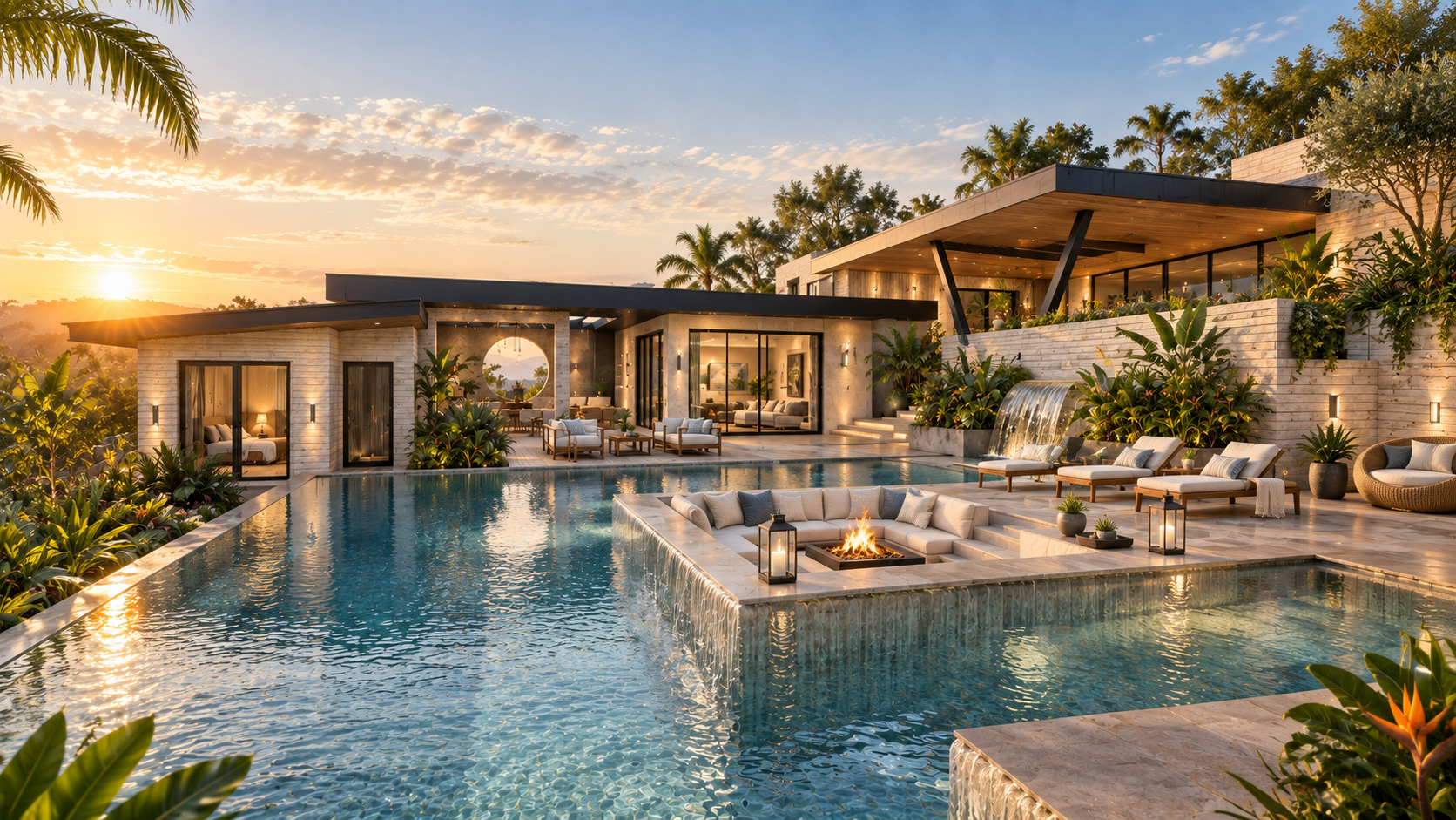 The house, pools and fire lounge seen at sunset at Surfside, shown as a design visualization