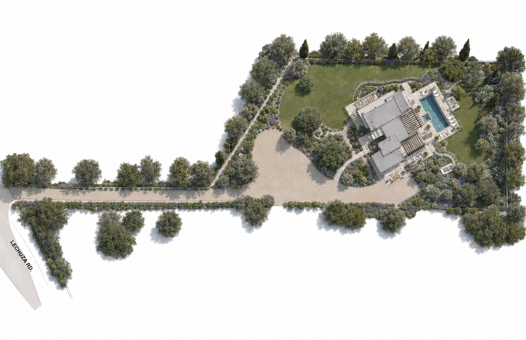 Site plan of a Malibu parcel with a long driveway approach from Lechuza Road