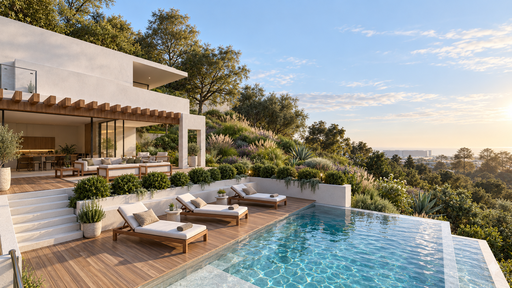 The pool deck, the planted terraces and the living room open to the terrace at Foxview, shown as a design visualization
