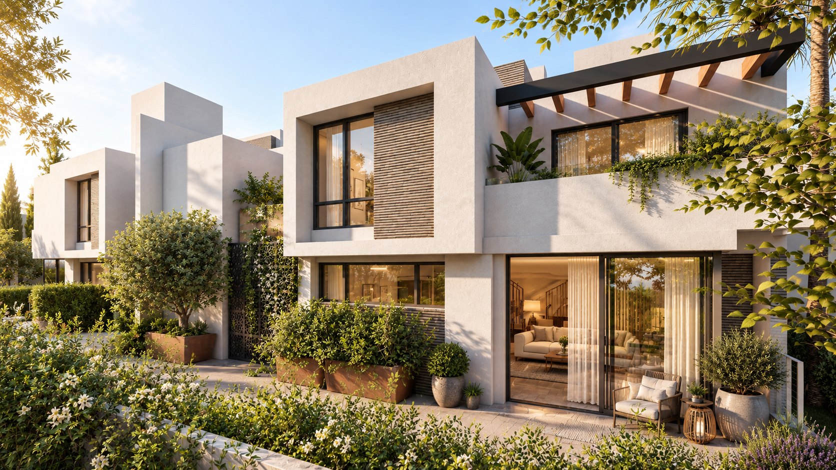 A ground-floor home opening onto its garden terrace at West Knoll Garden, shown as a design visualization