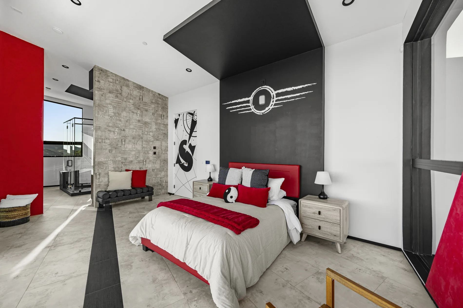 Bedroom with coordinated art and furniture