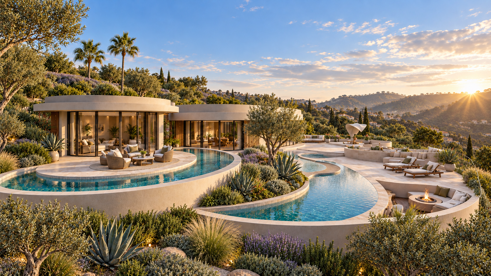 Sycamore Meadows, a proposed house in Malibu by Apel Design, its curved volumes and pools on the hillside at sunset, shown as a design visualization