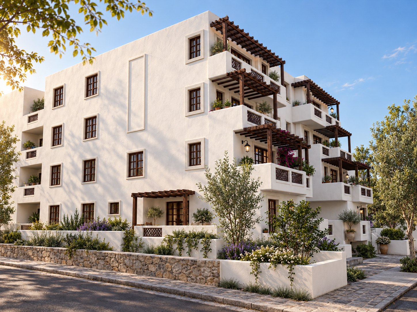 The terraced corner of Hayworth Terraces in West Hollywood, by Apel Design, shown as a design visualization