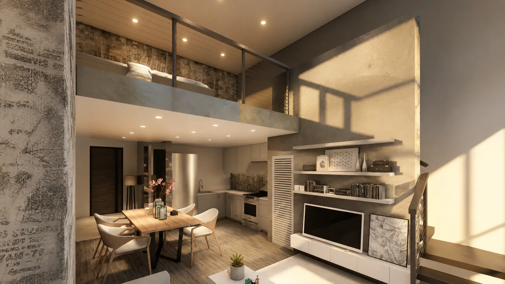 Double-height loft unit with mezzanine sleeping level and open living space, a multifamily interior by Apel Design (design visualization)