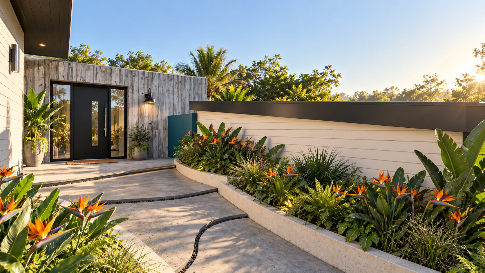 The entry walk at Surfside, planted along a stone path to the front door, shown as a design visualization
