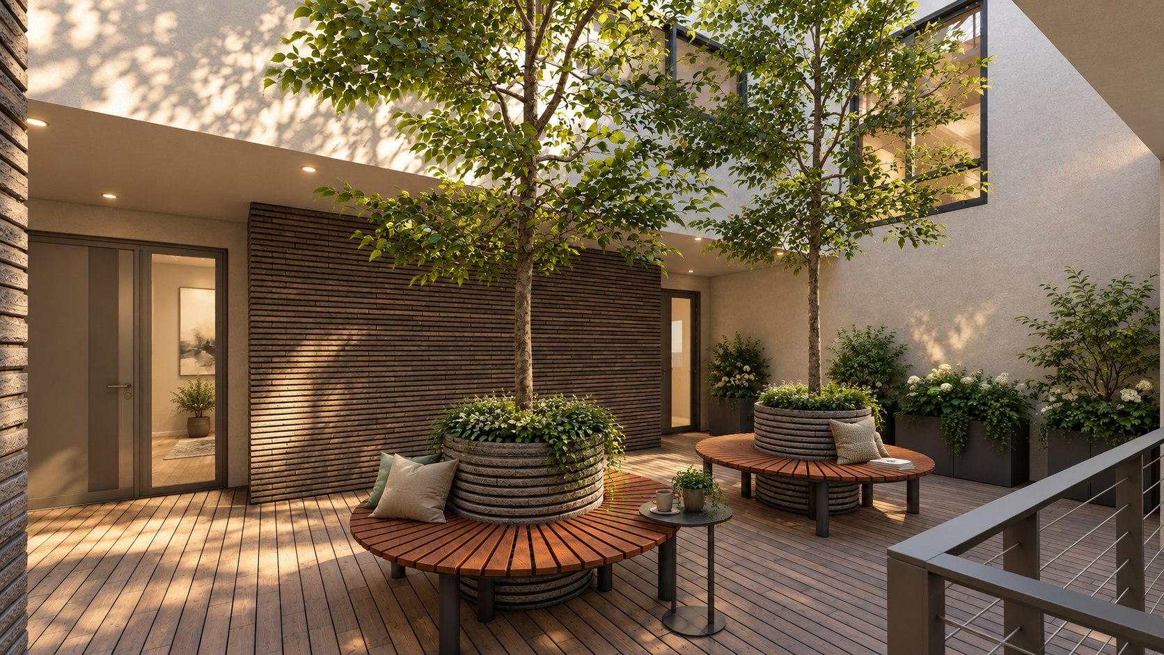 The timber-decked court with round planters and benches at West Knoll Garden, shown as a design visualization