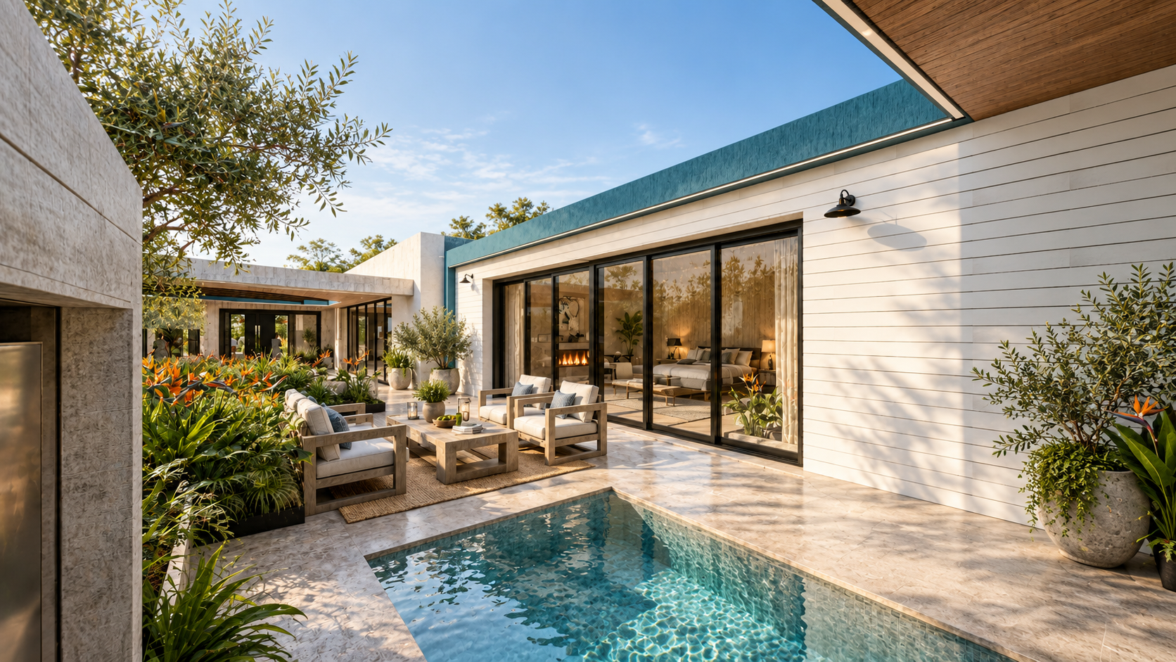 A courtyard pool beside a bedroom at Surfside, shown as a design visualization