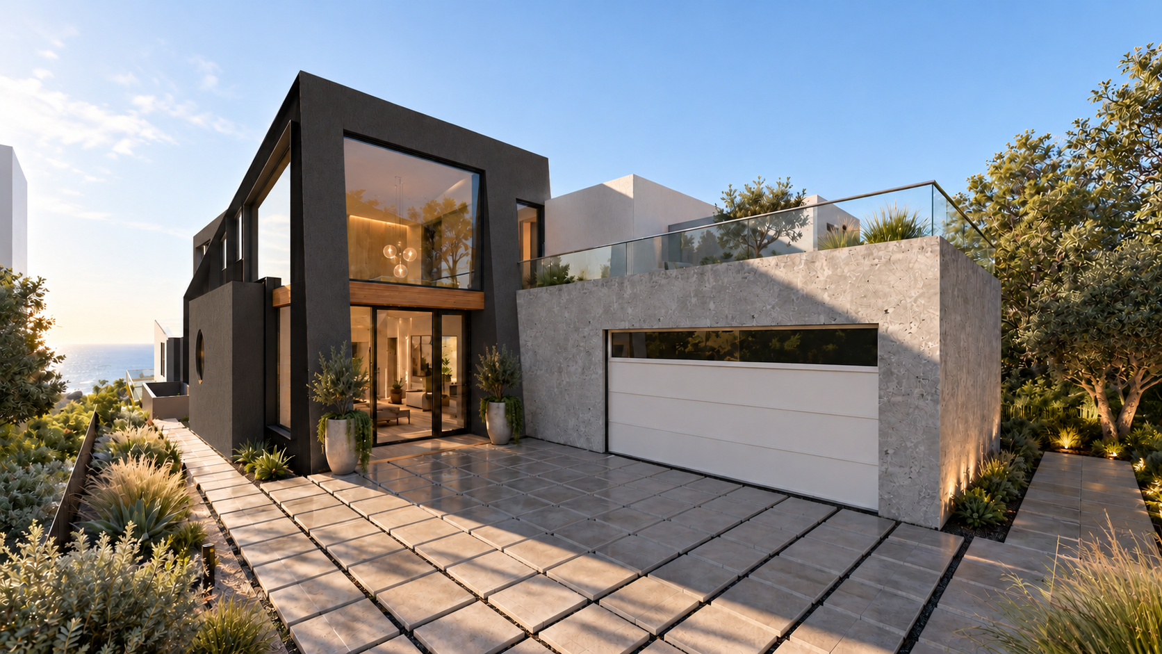 Entry elevation at Beachfront Residence, shown as a design visualization