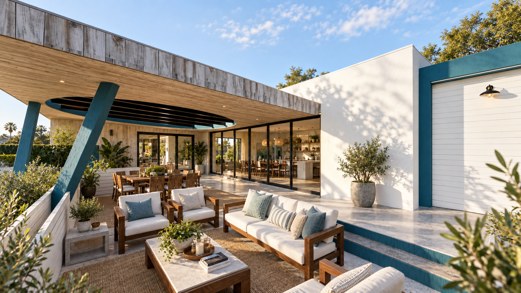 A covered patio for dining and sitting at Surfside, shown as a design visualization