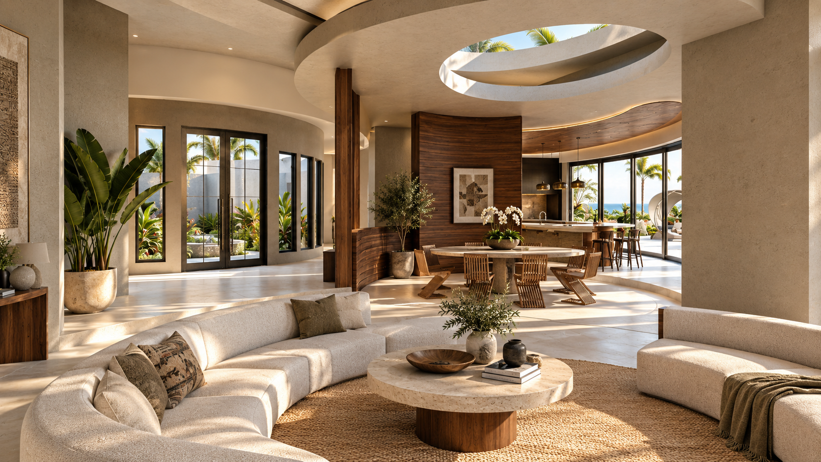 The living and dining rooms in one open space at Sycamore Meadows, shown as a design visualization