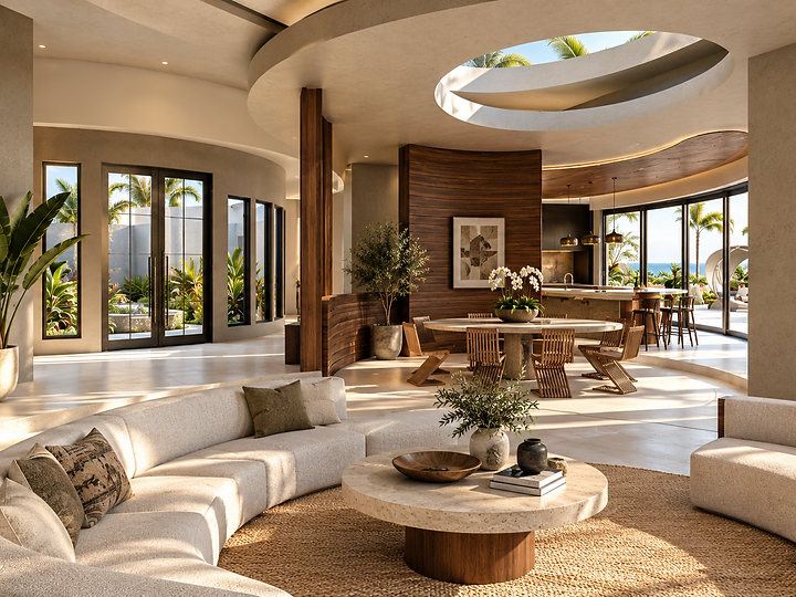 Living and dining rooms in one curved open space with the kitchen beyond, at Sycamore Meadows in Malibu, by Apel Design, shown as a design visualization