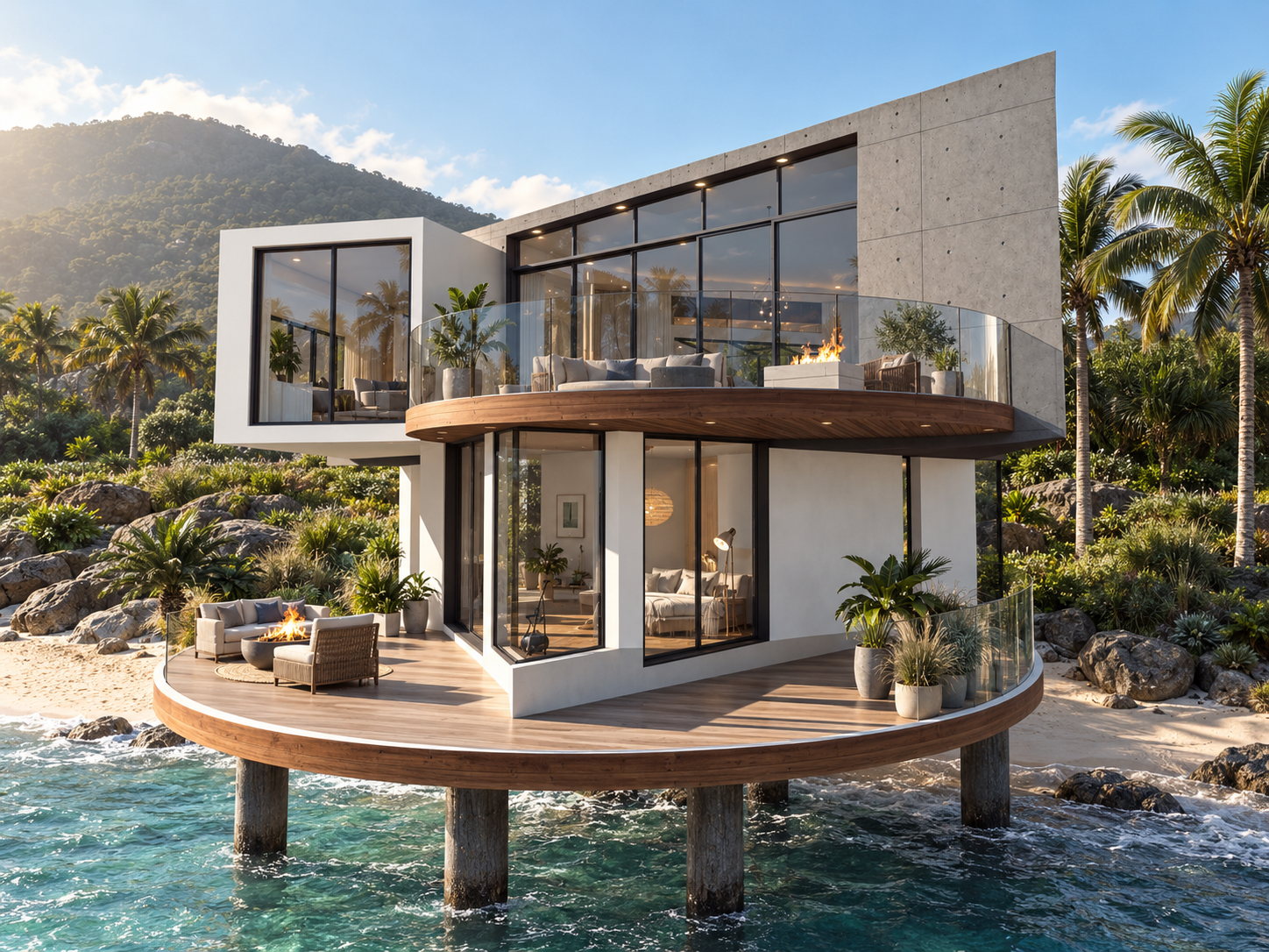 Pacific Coast Hwy Residence seen from the water, shown as a design visualization