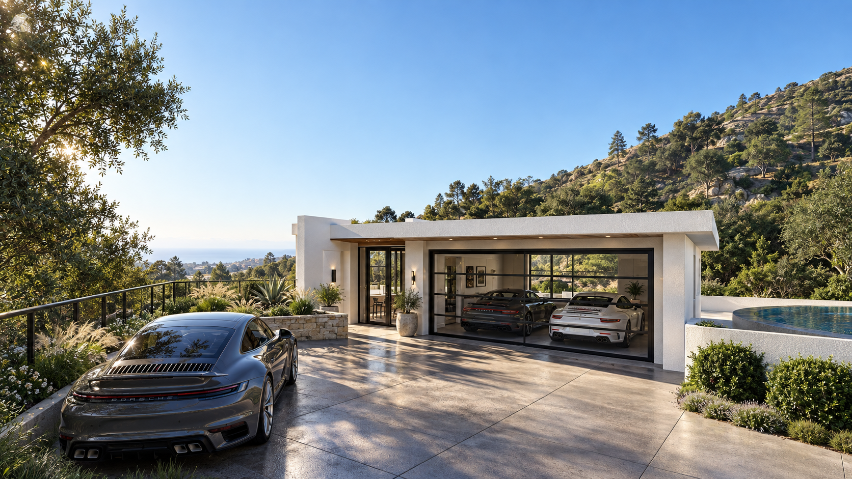 The motor court and the glass-fronted garage at Foxview, shown as a design visualization