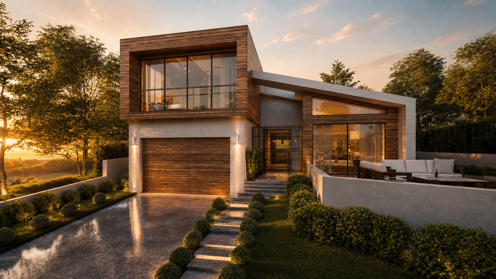 Kingsport, a custom home by Apel Design in Pacific Palisades, with its timber-clad upper floor at sunset, shown as a design visualization