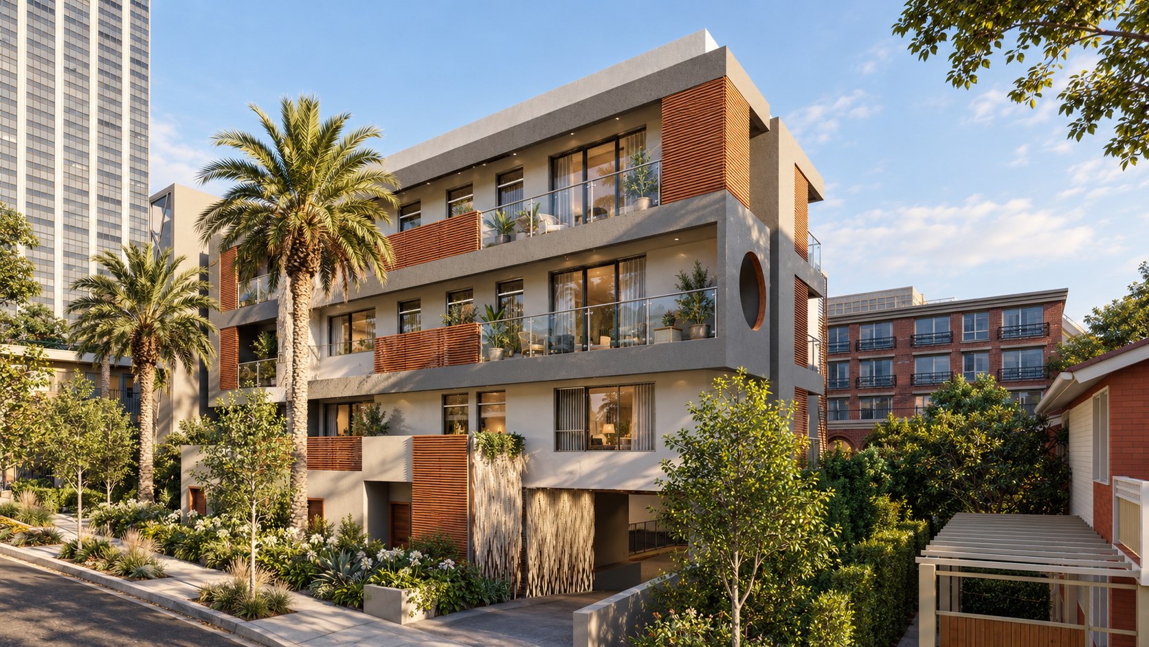 The street front of San Vicente Residences, with framed balconies and timber shutters, shown as a design visualization