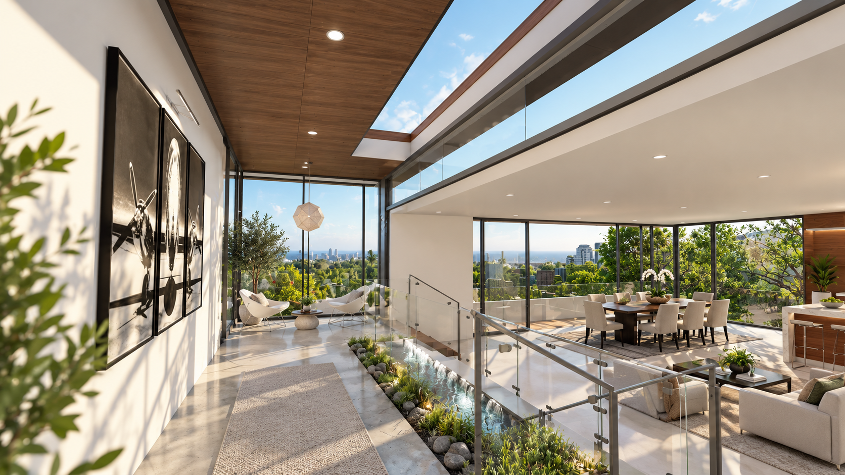 The upper gallery at Marlay in the Hollywood Hills, with a planted water channel beside the stair, by Apel Design, shown as a design visualization