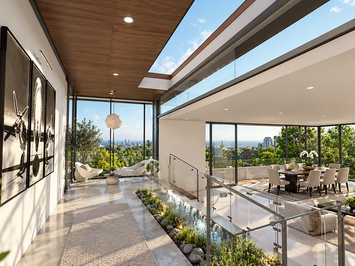 An upper gallery with a planted water channel beside the stair, open to the living and dining rooms and the view, at Marlay in the Hollywood Hills, by Apel Design, shown as a design visualization