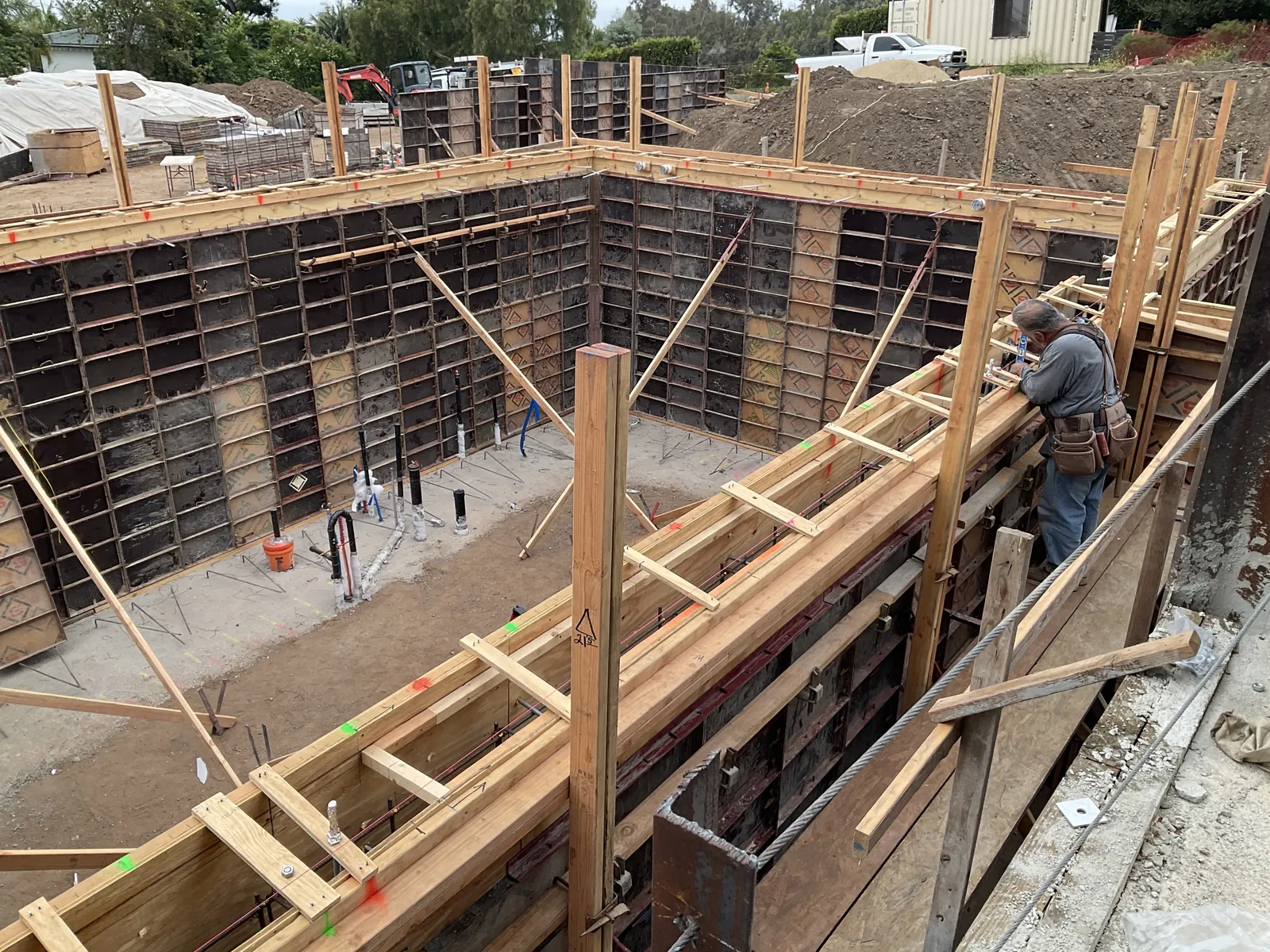 Detailed concrete formwork during construction of a custom residence