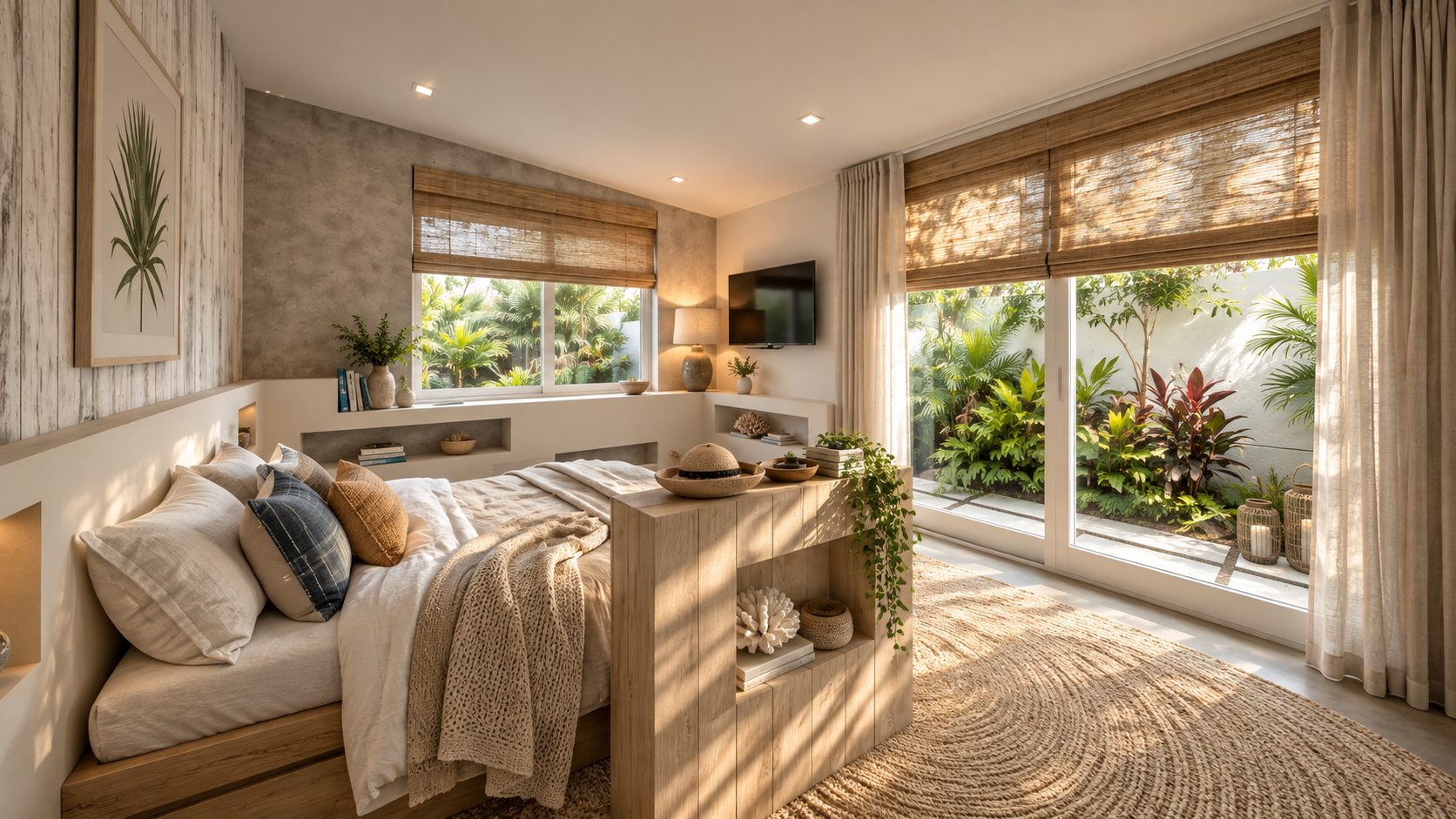 A bedroom opening to a garden window at Surfside, shown as a design visualization