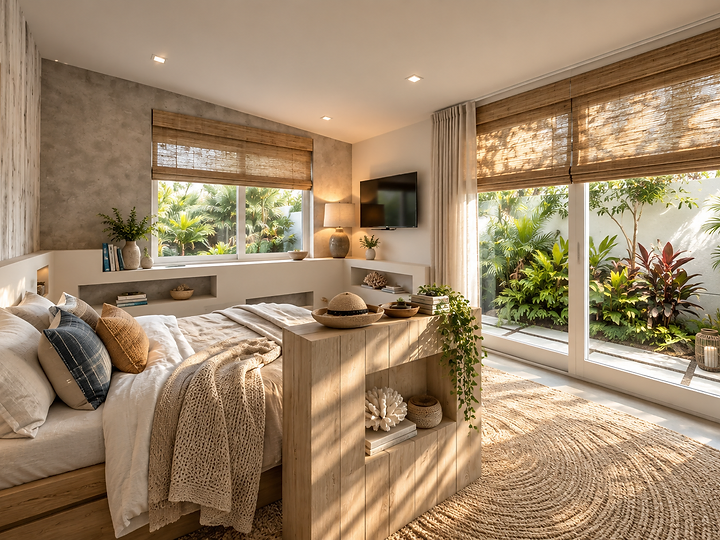 A bedroom opening to a planted garden window, at Surfside in Malibu, by Apel Design, shown as a design visualization
