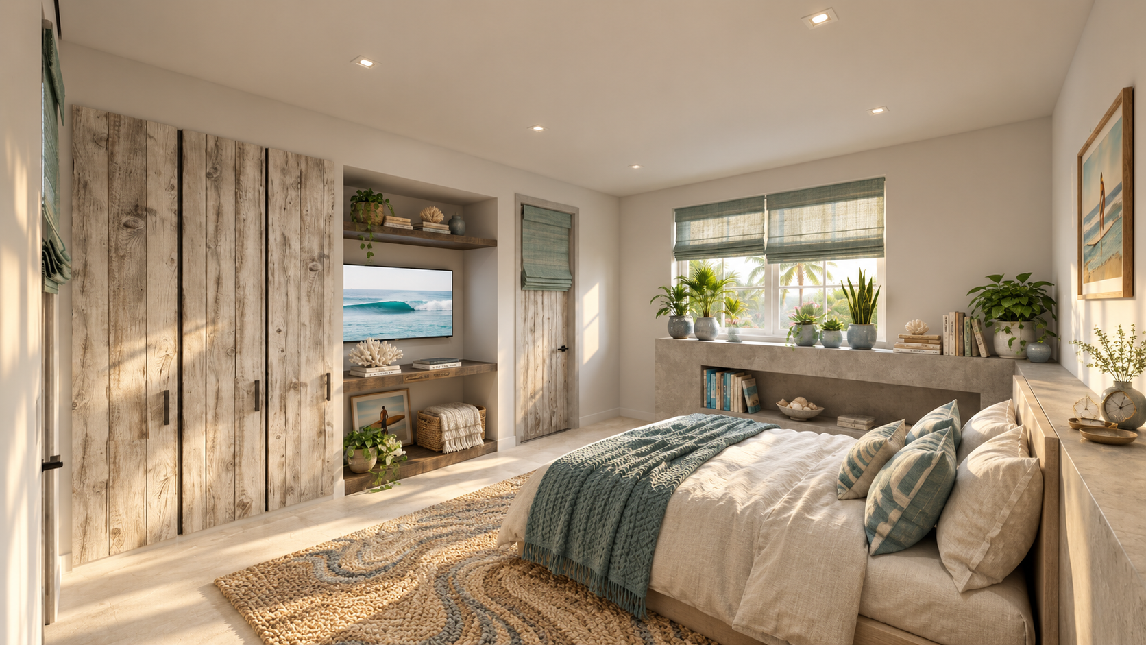 A bedroom with plank wardrobe doors at Surfside, shown as a design visualization