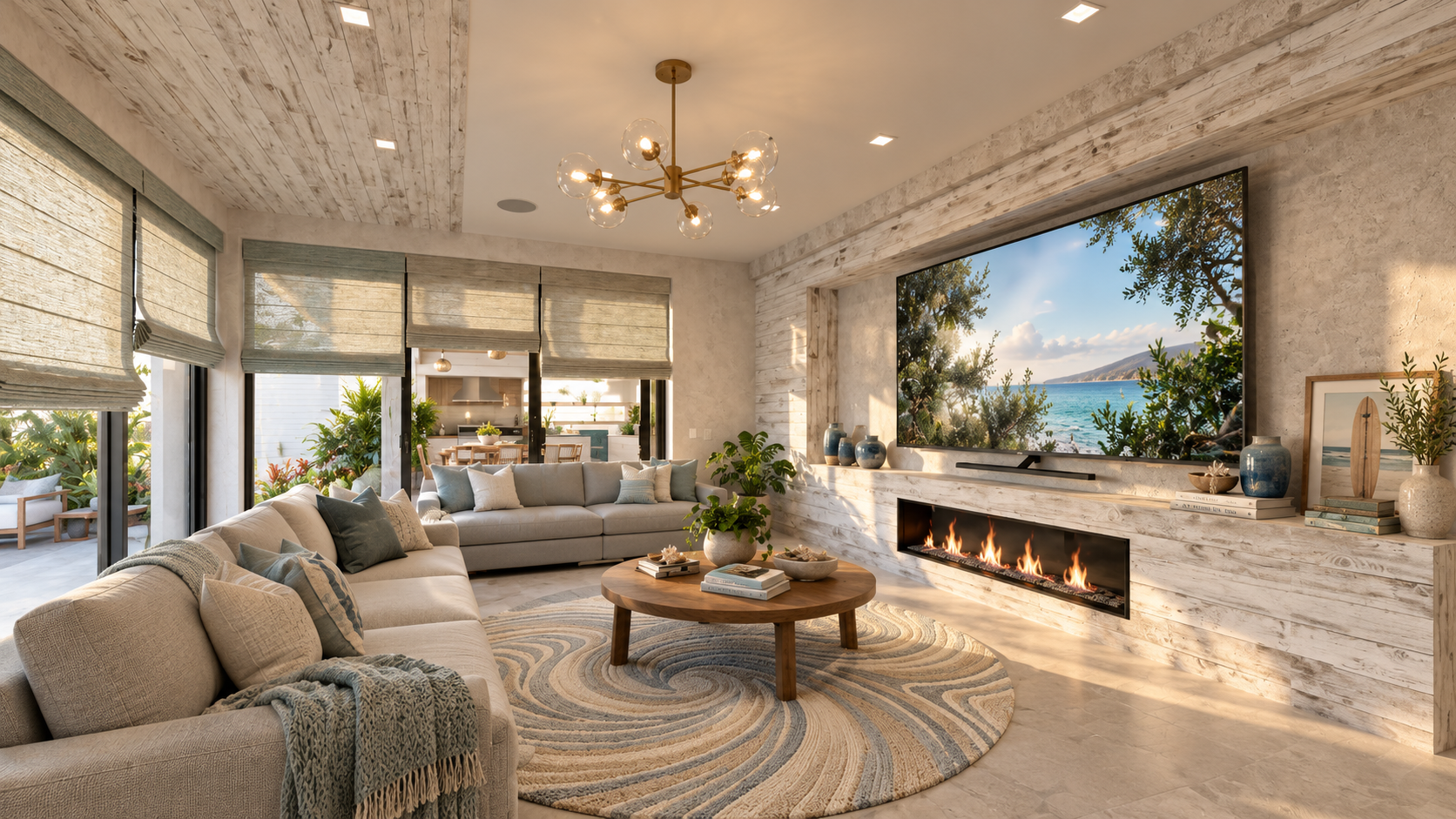 The living room fireplace at Surfside, shown as a design visualization