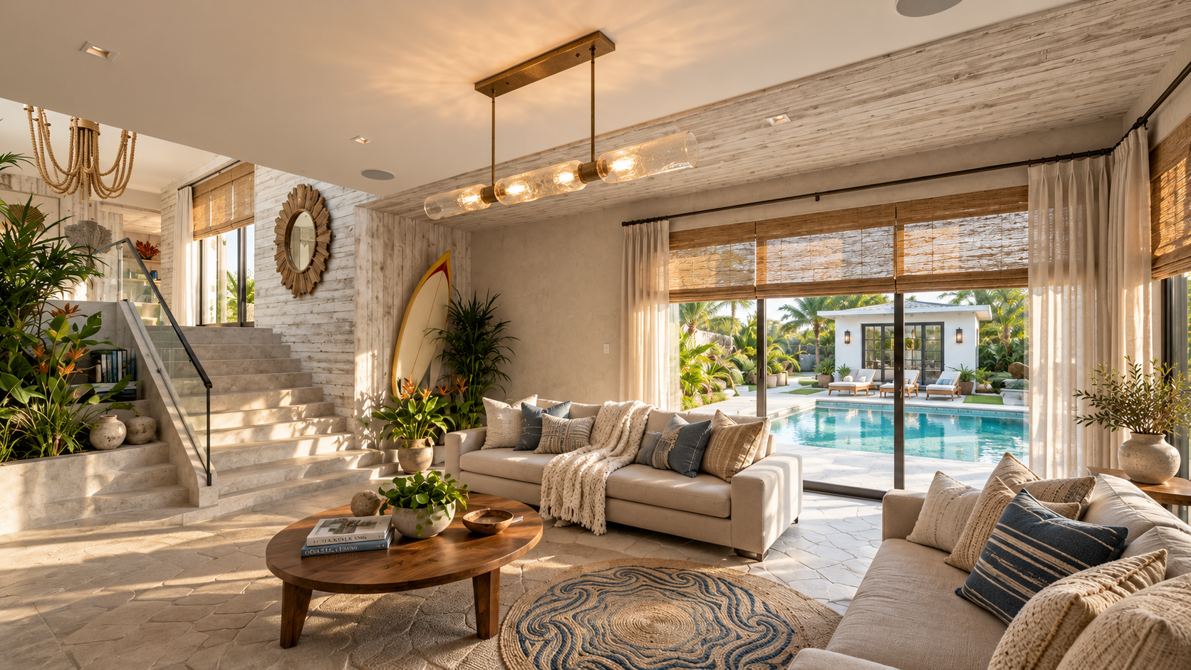 The living room opening to the pool at Surfside, shown as a design visualization