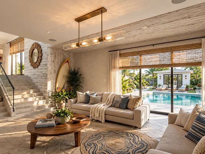 A living room opening to the pool terrace beside an open stair, at Surfside in Malibu, by Apel Design, shown as a design visualization