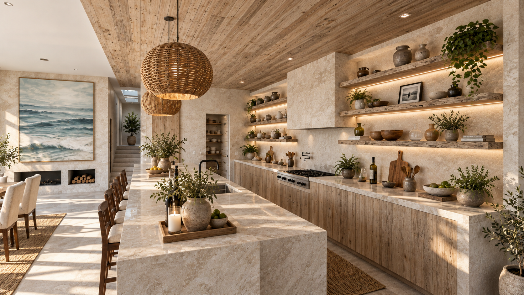 The kitchen island and lit stone shelves at Surfside, shown as a design visualization