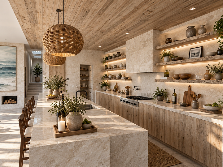 A long stone island with lit stone shelves behind it, at Surfside in Malibu, by Apel Design, shown as a design visualization