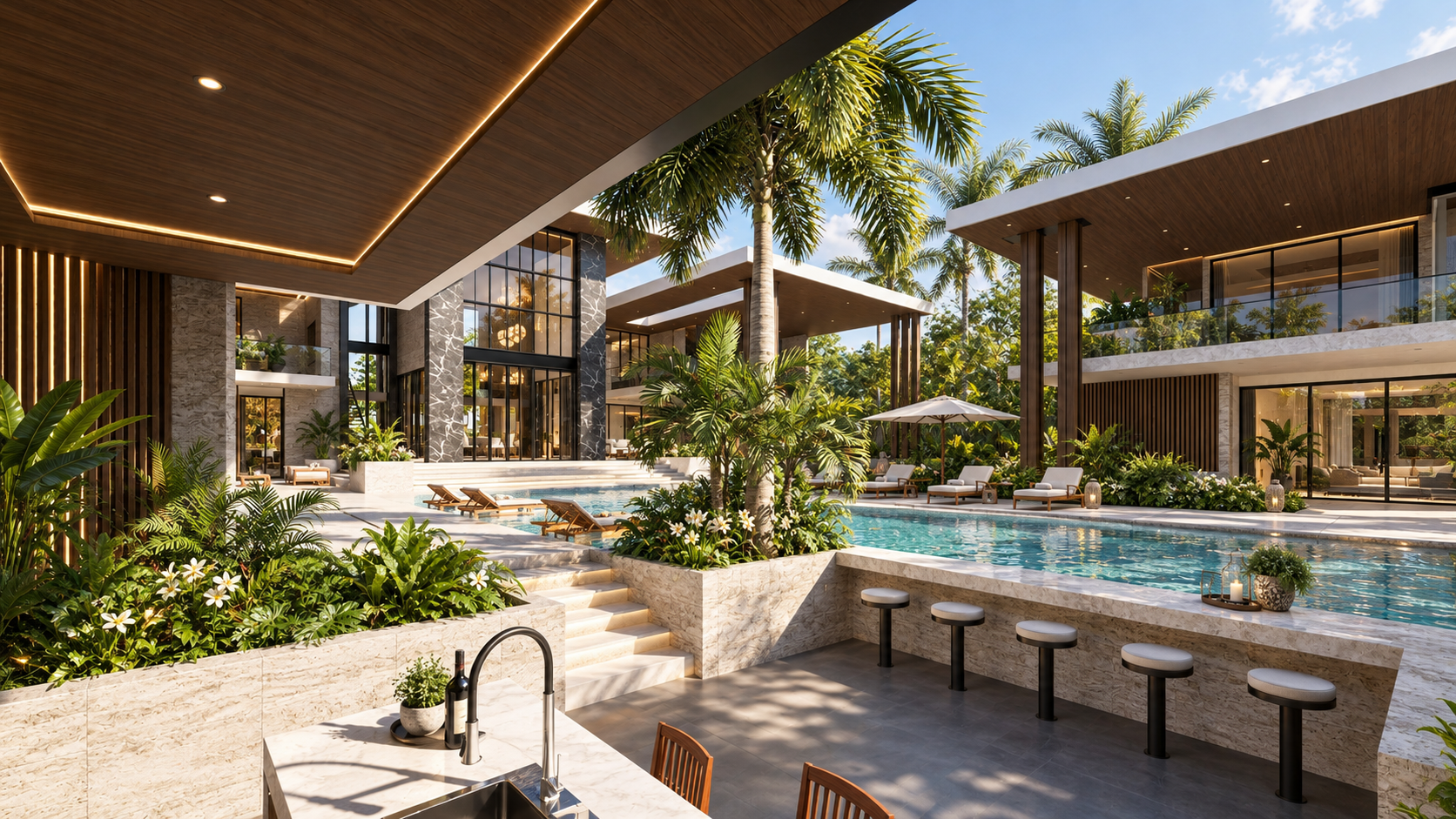 Stepped terraces and planting at House Three, shown as a design visualization