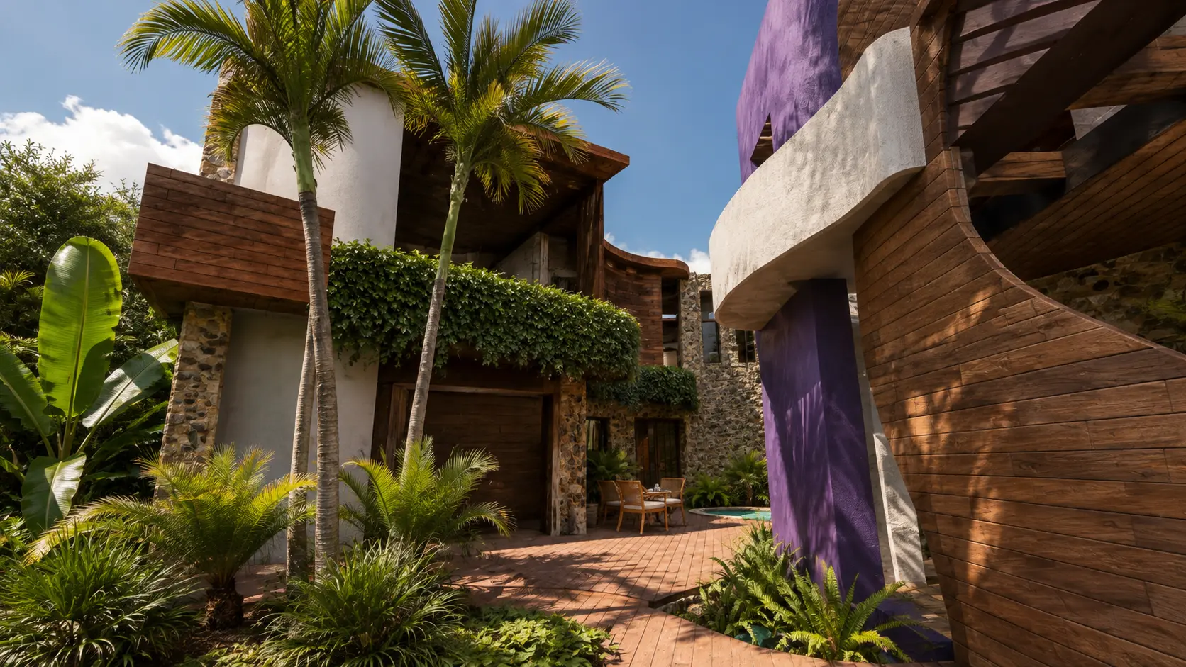 Passage between villas, shaded and planted, an Apel Design resort concept