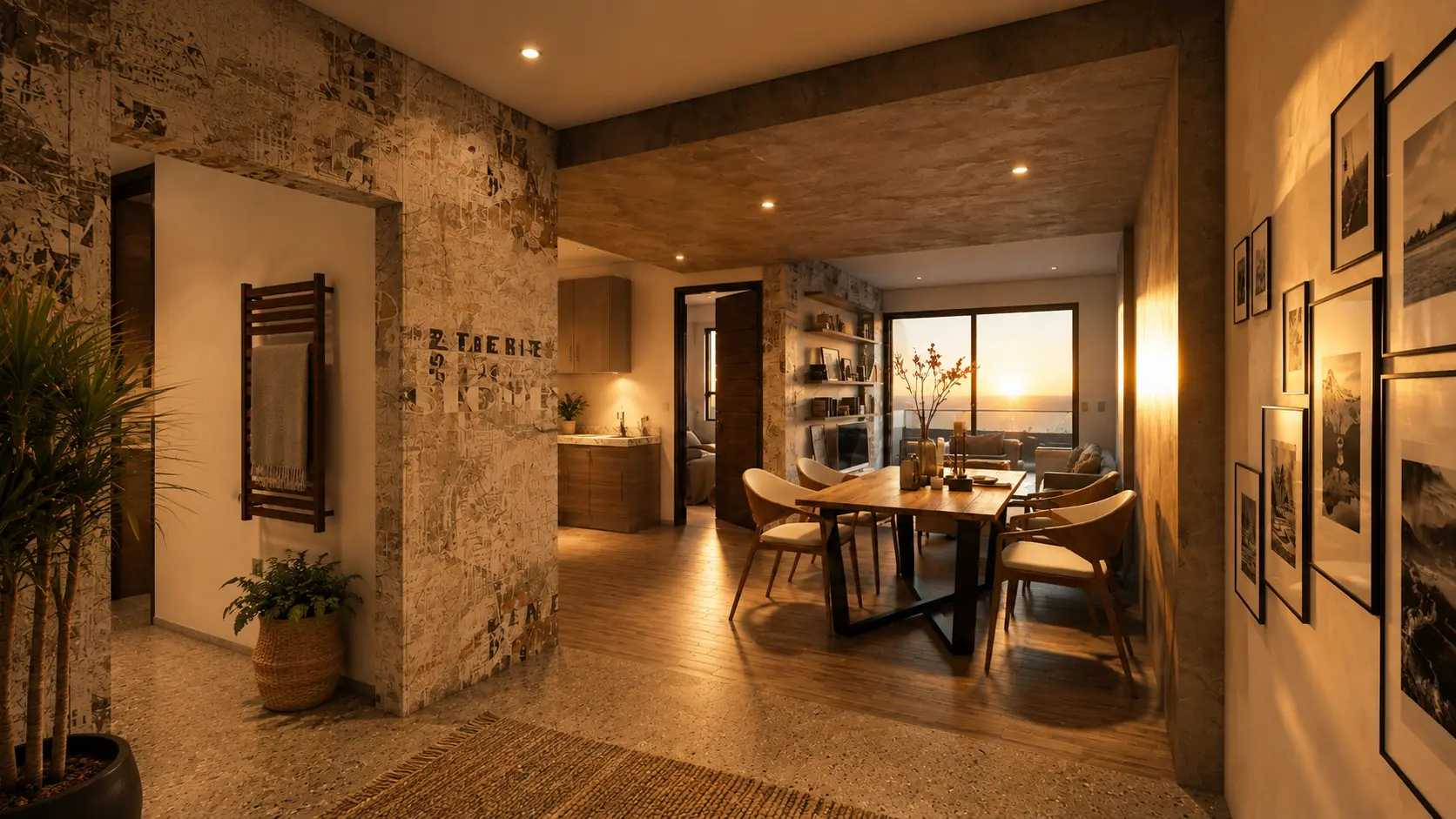 Unit entry and dining area opening to a balcony at sunset, a multifamily interior by Apel Design (design visualization)
