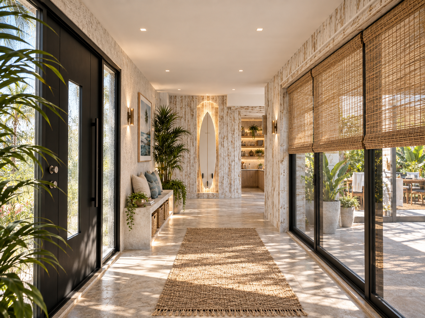 The entry hall at Surfside, with a lit niche, shown as a design visualization