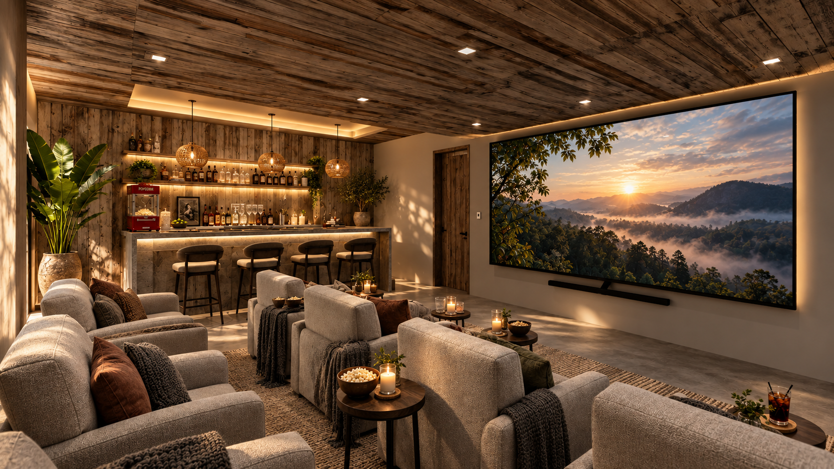 The media room and its bar at Surfside, shown as a design visualization