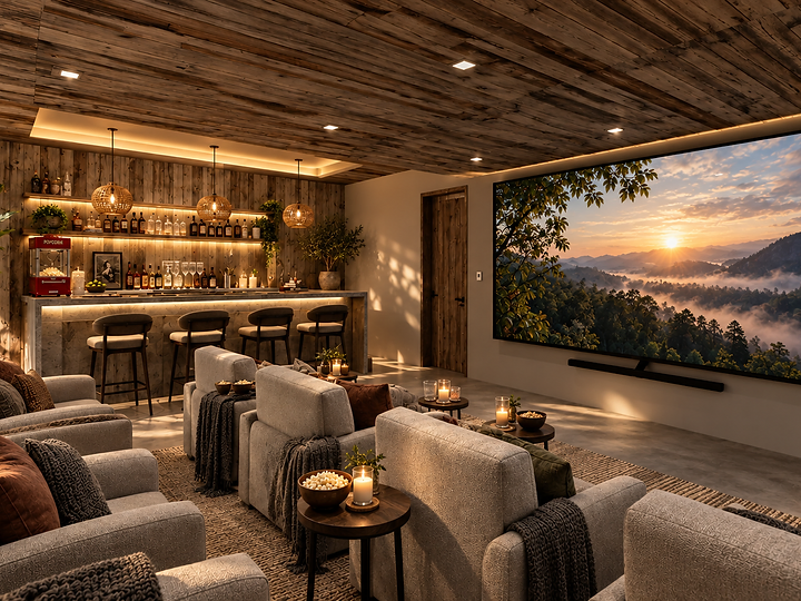 A media room with tiered seating, a large screen and a bar along one wall, at Surfside in Malibu, by Apel Design, shown as a design visualization