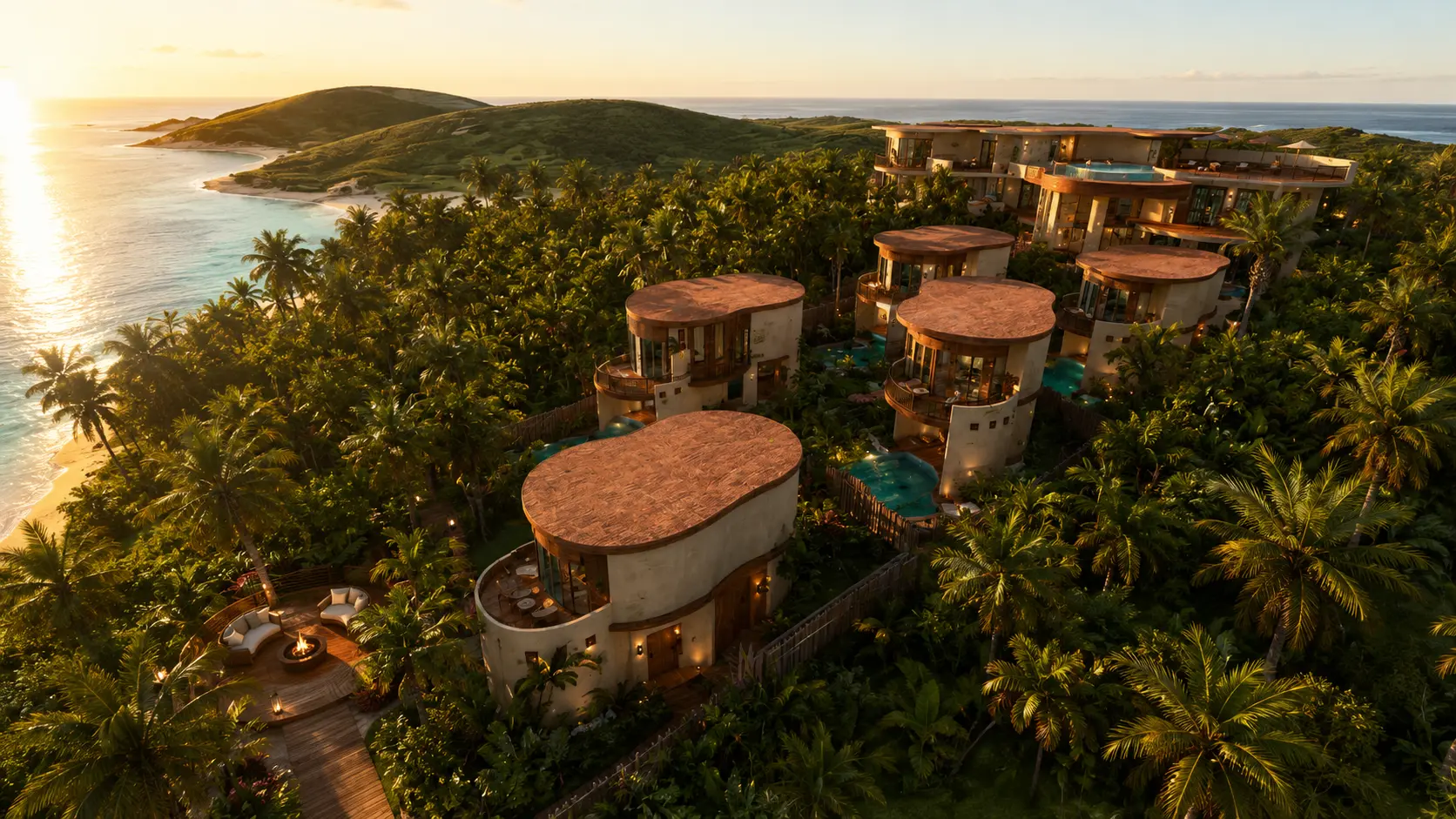 Aerial view of the Bacalar site at sunset, an Apel Design resort concept