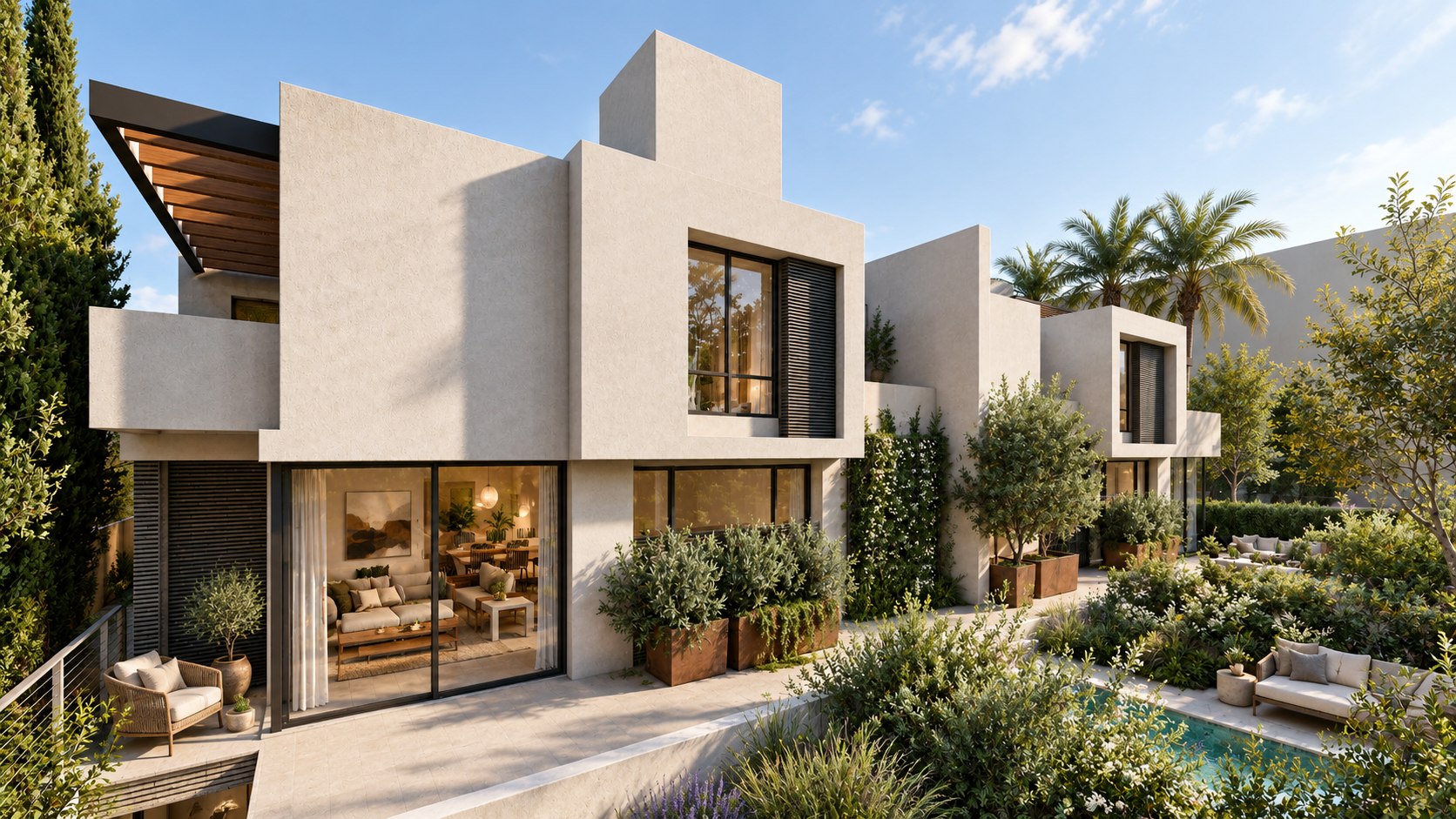Garden terraces, planters and a pool below the upper homes at West Knoll Garden, shown as a design visualization